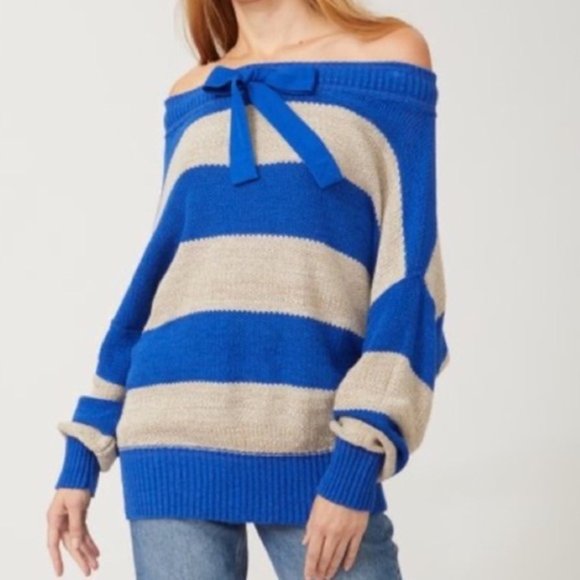 FREE PEOPLE  Cobalt Combo Off Shoulder NWT Sweater Size S - Picture 1 of 4